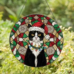 Cat Lovers' Christmas Tiffany Style Stained Glass Tuxedo Cat Santa Hat Jewel Tone Mosaic Pattern Stained Glass Suncatcher