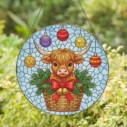 Holiday Cow Fans' Tiffany Style Stained Glass Highland Calf Winter Mosaic with Evergreen Pine & Ornaments Stained Glass Suncatcher