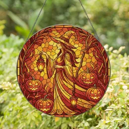 Witchy Aesthetic Enthusiasts' Stained Glass Witch, Glowing Lantern, Jack-o'-lanterns, Amber Gold Floral Mosaic Stained Glass Suncatcher