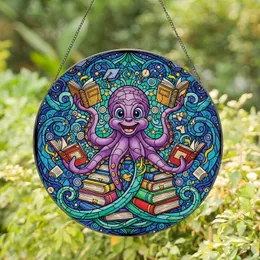 Book Lovers' Tiffany Stained Glass Purple Octopus Reading Books & Academic Mosaic Jewel Tones Stained Glass Suncatcher