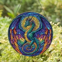 Fantasy Dragon Art Lovers' Majestic Stained Glass Mosaic Celestial Swirls Teal Blue Orange Jewel Tones Stained Glass Suncatcher