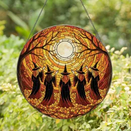 Fantasy Art Enthusiasts' Stained Glass Witches Gathering Autumn Moon Orange Yellow Mosaic Stained Glass Suncatcher