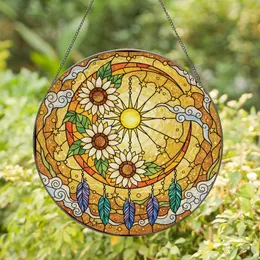 Art Lovers' Intricate Tiffany Glass Crescent Moon Sunflowers Cosmic Dust Mosaic Orange Yellow Green Stained Glass Suncatcher
