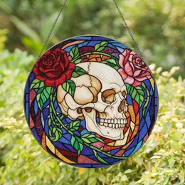 Bold Style Enthusiasts' Ruby Rose & Emerald Stained Glass Skull Mosaic Jewel Tones Stained Glass Suncatcher