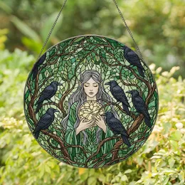 Nature & Fantasy Lovers' Emerald Sage Stained Glass Elven Woman Raven Forest Mosaic Stained Glass Suncatcher