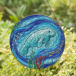 Marine Life Art Enthusiasts' Vibrant Jewel Tone Tiffany Style Stained Glass Manatee & Aquatic Life Mosaic Stained Glass Suncatcher