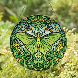 Nature Lovers' Vibrant Luna Moth Stained Glass Tiffany Style Lime Green Amber Foliage & Tendrils Stained Glass Suncatcher