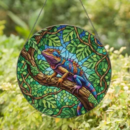 Reptile Enthusiasts' Tiffany Style Stained Glass Iridescent Lizard Tropical Art: Sapphire, Orange, Purple Hues Stained Glass Suncatcher