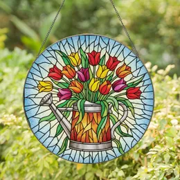 Garden Lovers' Tiffany Style Stained Glass Watering Can Tulips Floral Mosaic, Vibrant Jewel Tones Stained Glass Suncatcher