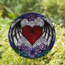 Gothic Art Lovers' Ruby Red Heart Spiderweb Bat Wings Stained Glass Mosaic Stained Glass Suncatcher