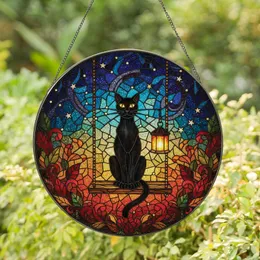 Cat Lovers' Tiffany Style Black Cat Swing Stained Glass Night Sky Autumn Leaves Mosaic Jewel Tones Stained Glass Suncatcher