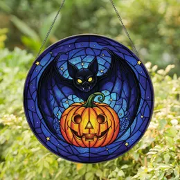 Halloween Enthusiasts' Mystical Stained Glass Bat Pumpkin Mosaic Jewel Tones, Dark Blue Purple Swirls Stained Glass Suncatcher