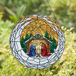 Holiday Enthusiasts' Tiffany Stained Glass Nativity Scene Winter Crescent Moon Amber Teal Red Jewel Tones Stained Glass Suncatcher