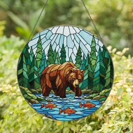 Nature Lovers' Tiffany Style Stained Glass Bear River Forest Jewel Tone Mosaic Stained Glass Suncatcher