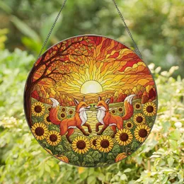 Nature & Art Enthusiasts' Vibrant Tiffany Stained Glass Leaping Foxes Sunflowers Autumn Sunset Mosaic in Orange Yellow Green Amber Brown Stained Glass Suncatcher