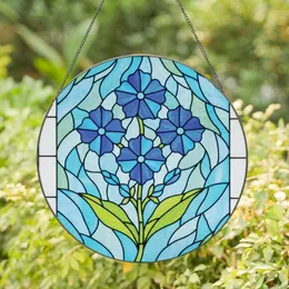 Art Lovers' Tiffany-Style Stained Glass Floral Art with Vibrant Blue Flowers and Luminous Teal Green Mosaic Stained Glass Suncatcher
