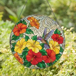 Nature Lovers' Vibrant Jewel Tone Hummingbird Hibiscus Stained Glass Tiffany Art Mosaic Stained Glass Suncatcher