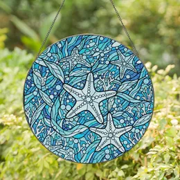 Ocean Enthusiasts' Intricate Tiffany Style Stained Glass Starfish, Swirling Ocean & Coral Mosaic in Aqua Blue Tones Stained Glass Suncatcher
