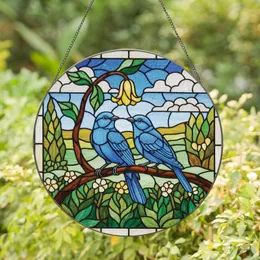 Nature Lovers' Tiffany Stained Glass Bluebirds Jewel Tone Garden Mosaic with Yellow Bell Flower Emerald Foliage Stained Glass Suncatcher