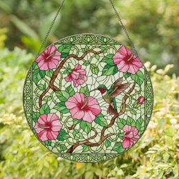 Nature Lovers' Tiffany Style Hummingbird Hibiscus Emerald Pink Jewel Tone Floral Mosaic Stained Glass Suncatcher