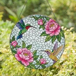 Nature Lovers' Tiffany Stained Glass Iridescent Hummingbirds Pink Peony Floral Mosaic Pattern Stained Glass Suncatcher