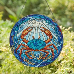 Ocean Lovers' Vibrant Stained Glass Crab Tiffany Style Underwater Mosaic Art in Aqua & Orange Jewel Tones Stained Glass Suncatcher