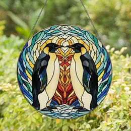 Penguin Lover's Nuzzling Emperor Penguins Stained Glass Heart Tiffany Style Iridescent Arctic Teal Mosaic Stained Glass Suncatcher