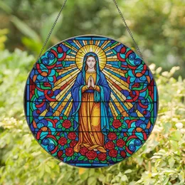 Stained Glass Art Lovers' Radiant Tiffany Virgin Mary Blue Gold Red Rose Mosaic Stained Glass Suncatcher