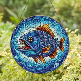 Aquatic Life Enthusiasts' Intricate Stained Glass Piranha Jewel Tone Ocean Mosaic Sapphire Aqua Magenta Stained Glass Suncatcher