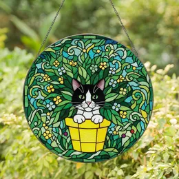 Cat Lovers' Intricate Stained Glass Tuxedo Cat Peeking Yellow Pot, Emerald Aqua Floral Mosaic Stained Glass Suncatcher