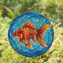Art Lovers' Tiffany Style Stained Glass Goldfish Fiery Red Orange Blue Green Mosaic Pattern Stained Glass Suncatcher