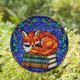 Fox & Book Lovers' Jewel Tone Stained Glass Sleeping Fox Antique Books Night Sky Mosaic Stained Glass Suncatcher
