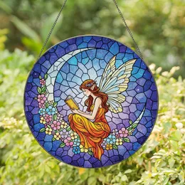 Fantasy Art Lovers' Tiffany Stained Glass Fairy Moon Reading Book Orange Yellow Blue Purple Cosmic Floral Art Stained Glass Suncatcher