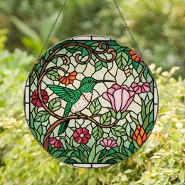 Nature Lovers' Tiffany Glass Hummingbird Emerald Green Pink Ruby Floral Mosaic Stained Glass Suncatcher