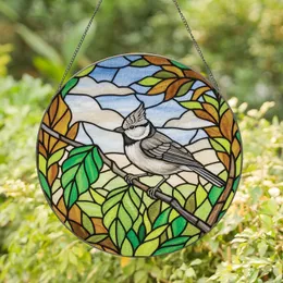 Nature Lovers' Vibrant Tiffany Stained Glass Titmouse Bird Intricate Gray Green Beige Mosaic Art Stained Glass Suncatcher