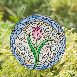 Art Lovers' Tiffany Style Stained Glass Vibrant Pink Tulip Organic Swirl Mosaic Stained Glass Suncatcher