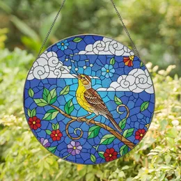 Nature Lovers' Intricate Tiffany Style Stained Glass Songbird Mosaic Bright Yellow Emerald Green Blue Stained Glass Suncatcher