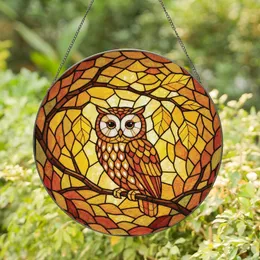 Owl Lovers' Stained Glass Autumn Forest Mosaic Amber Orange Creamy White Design Stained Glass Suncatcher