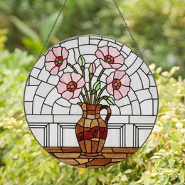 Art Lovers' Intricate Tiffany Stained Glass Pink Green Red Floral Vase Mosaic Design Stained Glass Suncatcher