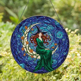 Mystical Art Fans' Tiffany Stained Glass Witch Moon Emerald Green Auburn Cosmic Pattern Stained Glass Suncatcher