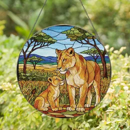 Wildlife Art Admirers' Stained Glass Lioness Cub Savanna Mosaic Amber Gold Stained Glass Suncatcher