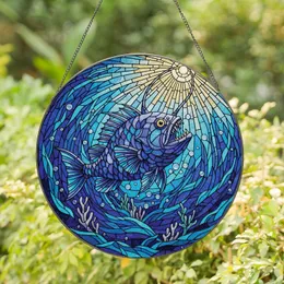 Deep Sea Art Lovers' Anglerfish Tiffany Style Stained Glass Deep Blue Aqua Teal Golden Mosaic Stained Glass Suncatcher