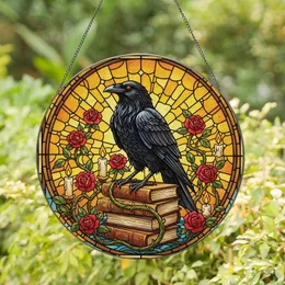 Art Lovers' Intricate Tiffany Stained Glass Black Raven Bookshelf Red Rose Gold Yellow Mosaic Stained Glass Suncatcher