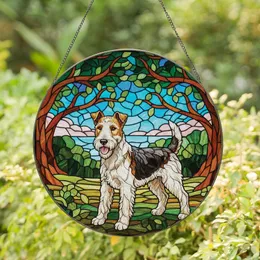 Wire Fox Terrier Lovers' Cheerful Tiffany Stained Glass Dog Amber Green Pink Mosaic Stained Glass Suncatcher