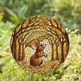 Whimsical Art Lovers' Tiffany Style Stained Glass Mouse Autumn Leaves Jewel Tones Stained Glass Suncatcher