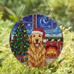 Pet Parents' Vibrant Golden Retriever Christmas Stained Glass Jewel Tone Winter Scene Stained Glass Suncatcher