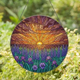 Nature Lovers' Tiffany Stained Glass Sunset, Purple Lupine & Orange Sky Mosaic Stained Glass Suncatcher