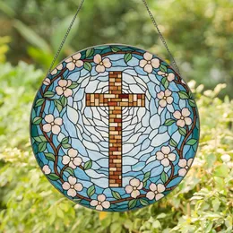 Faithful Art Lovers' Vibrant Stained Glass Christian Cross Dogwood Vine Amber Blue Pink Green Jewel Tone Mosaic Stained Glass Suncatcher