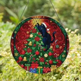 Cat Lovers' Christmas Intricate Stained Glass Black Cat Christmas Tree Jewel Tones Festive Mosaic Stained Glass Suncatcher