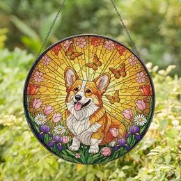 Corgi Lovers' Tiffany Style Stained Glass Happy Corgi Dog, Floral Meadow Mosaic, Jewel Tone Spring Flowers, Golden Glow Stained Glass Suncatcher